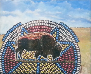 "Buffalo with Beadwork," Acrylic painting by Dede Farrar