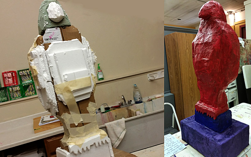 The making of a 4' paper mache falcon.